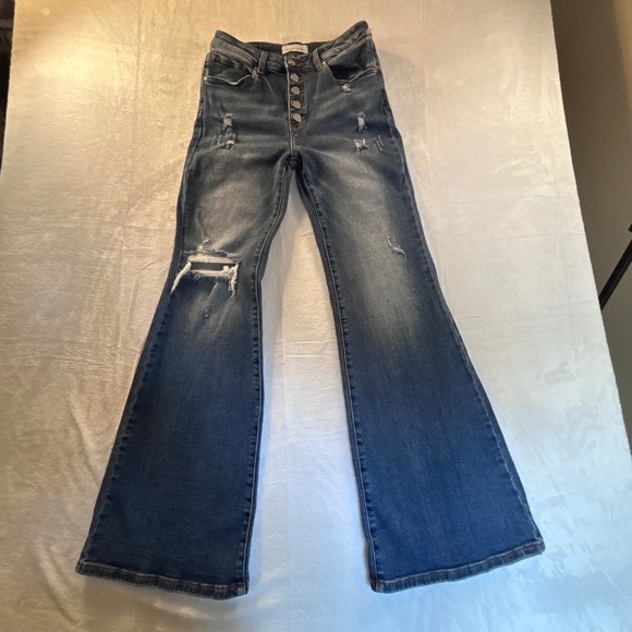Risen Distressed Flare Jeans Womens Blue Denim Button Fly Ripped 11/30 - Picture 1 of 16